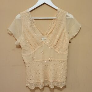 Ice V-front & V-back Silk Popover blouse - vintage lace (dark cream)